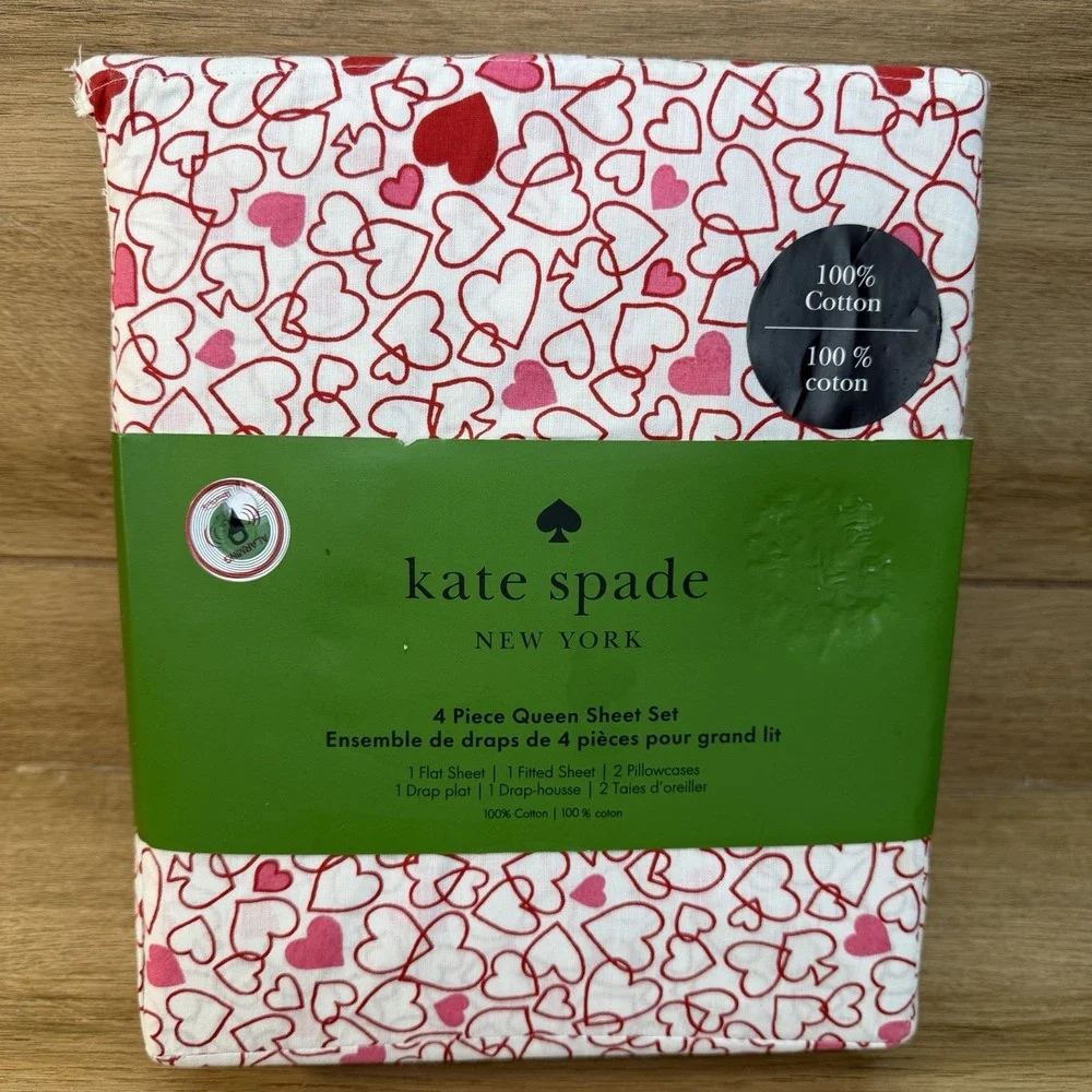 Kate Spade New York 4 Piece Queen Sheet Set Heart Print 100% Cotton NWT